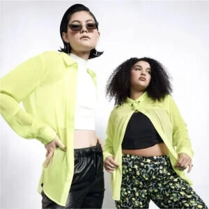 New Wildfang Empower Sheer Neon Green Long Sleeve Flowy Shirt Size Large NWT